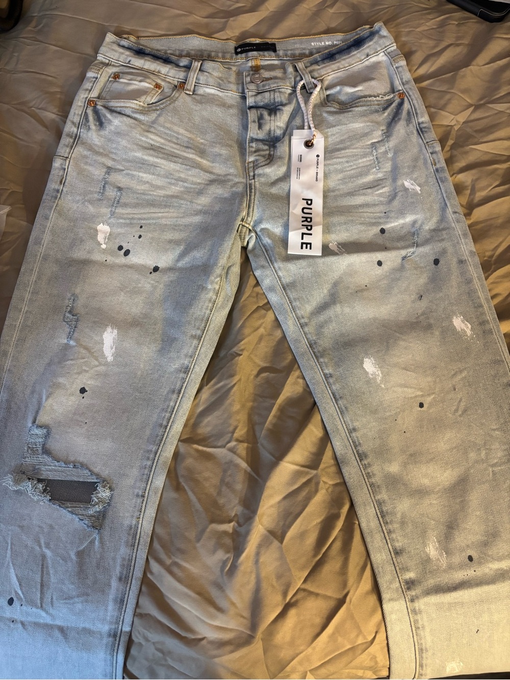 Purple Men’s Light Blue Skinny Jeans with Distressed & Paint-Splatter Details
